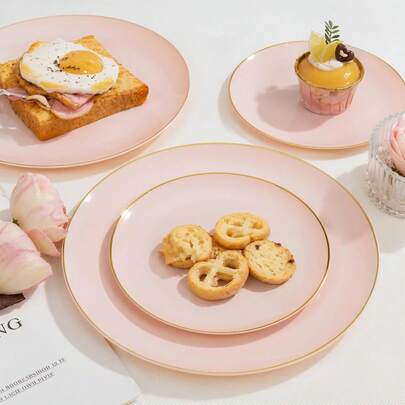 50/25/7/1ชิ้น ชุดจานอาหารค่ำขอบทองสีชมพู, ถาดอาหาร, จานสลัดผลไม้, จานอาหารค่ำ, จาน, เครื่องใช้บนโต๊ะอาหารสลัดแบบล้างทำความสะอาดได้, ใช้ซ้ำได้, ทำความสะอาดง่าย เหมาะสำหรับตกแต่งงานแต่งงาน, ตกแต่งคริสต์มาส, งานเลี้ยงวันเกิด, การสังสรรค์ในครอบครัว, การสร้างทีมกลางแจ้ง, โรงเรียน, ร้านอาหาร และเครื่องใช้บนโต๊ะอาหารสำหรับงานเลี้ยงในครัว, ของขวัญตามฤดูกาลสำหรับโรงเรียนในครัวเรือน