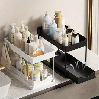 1pc Bathroom Storage Rack, 2 Layers Bathroom Shelves With Bottom Drawer, Multi-Purpose Sink Storage Rack, For Bathroom And Kitchen, Space Saving Design Bathroom Organizer, Bathroom Accessories, Bathroom Storage And Organization