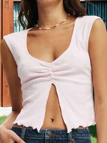 Women Tank Tops V Neck Sleeveless Ruched Slim Fit High Slit Hem Summer Cropped Vest Shirts - 粉色 - 查看 3