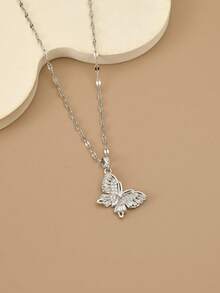1件装时尚全镶钻蝴蝶不锈钢项链，银饰，银项链，礼物，送给朋友，派对，暑假 - 銀色 - 查看 2