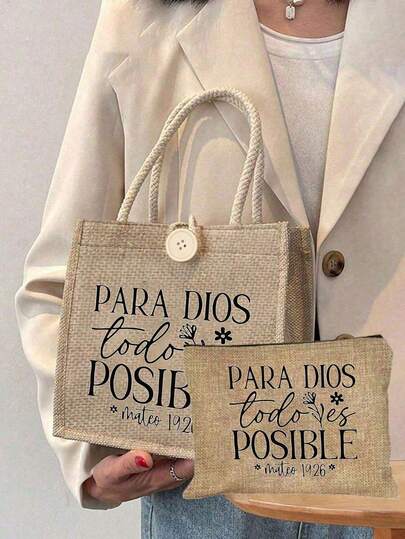 Schwarzes christliches Themen Tragetasche Set, Para-Buchstaben- und Blumenmuster, schwarze Leinentasche und bedruckte kleine Tasche, leichte Damen Leinentasche mit großer Kapazität, geeignet für Damen und Herren, Schultertasche für die Arbeit, wiederverwendbar, minimalistischer Stil Damentasche