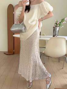 女式高腰简约亮片鱼尾裙，松紧腰休闲裙，适合日常穿着