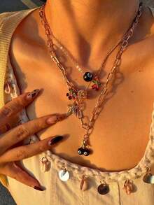 3pcs Leopard & Cherry Necklace Set, 8-Ball Billiard Dice Charm Necklace, Red Cherry Necklace, Fashionable Star Necklace, Classic Leopard Necklace - Bạc - Xem 3