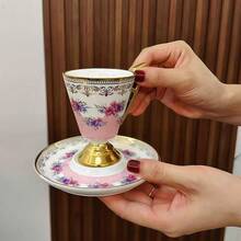 Ceramic Espresso Cup Saucer Set Christmas Gifts,100ml/ 3.38oz Luxury Floral Gold Border Pattern Pink Red Black,Cappuccino Latte Cup, Middle Eastern Tea Cup Latte Espresso And Plate Elegant Home Decor, Latte And Mocha, Suitable For Women's Birthday Parties