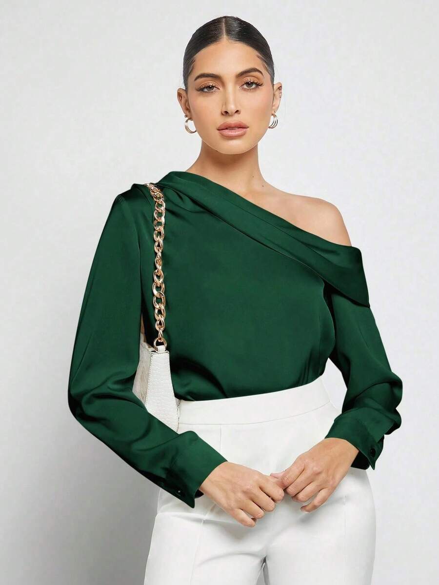 Women's Blouse With Asymmetrical Neckline, Long Sleeve, Social, Comfortable Fashion - Verde - Ver 1