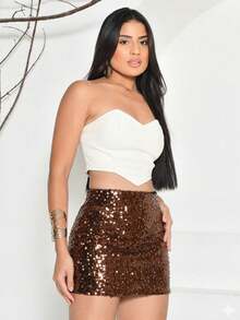 Women's Sequin Mini Skirt Silver Gold Black Short Tight High Waist Shine Women's Clothing Colors Fashion Blogger Party Nightclub Summer Carnival - 鏽棕色 - 查看 3