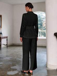 Sollinarry Ensemble 2 pièces femme, nouveau Top à manches longues avec poches de couture et pantalon, style vintage, convient aux enseignantes - Noir - Voir 4