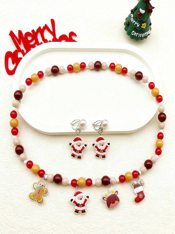 3 قطع/مجموعة مجموعة مجوهرات بطراز عيد الميلاد قلادة بسوار من الراتنج، كليب أذن آمن، هدية كرتونية جميلة للفتيات (ملاحظة: البطاقة غير مشمولة)