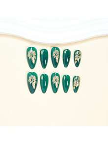 24 Peças Unhas Acrílicas Prensadas de Amêndoa Média na Cor Verde com Design de Folha de Ouro Cintilante, Unhas Falsas de Cobertura Total Brilhante para Uso Diário, Encontros, Festas para Mulheres e Meninas no Outono e Inverno