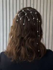 1 pieza Cadena para el cabello con borlas de malla hechas a mano y perlas falsas, diadema de perlas falsas versátil para novia, accesorio de cabello de alta gama para decoración de boda, tocado