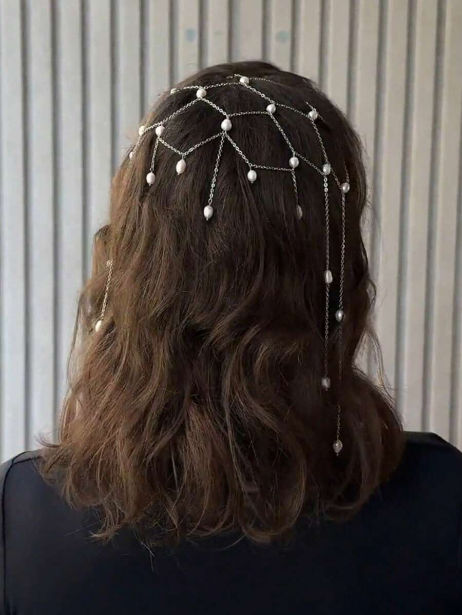 1 pieza Cadena para el cabello con borlas de malla hechas a mano y perlas falsas, diadema de perlas falsas versátil para novia, accesorio de cabello de alta gama para decoración de boda, tocado
