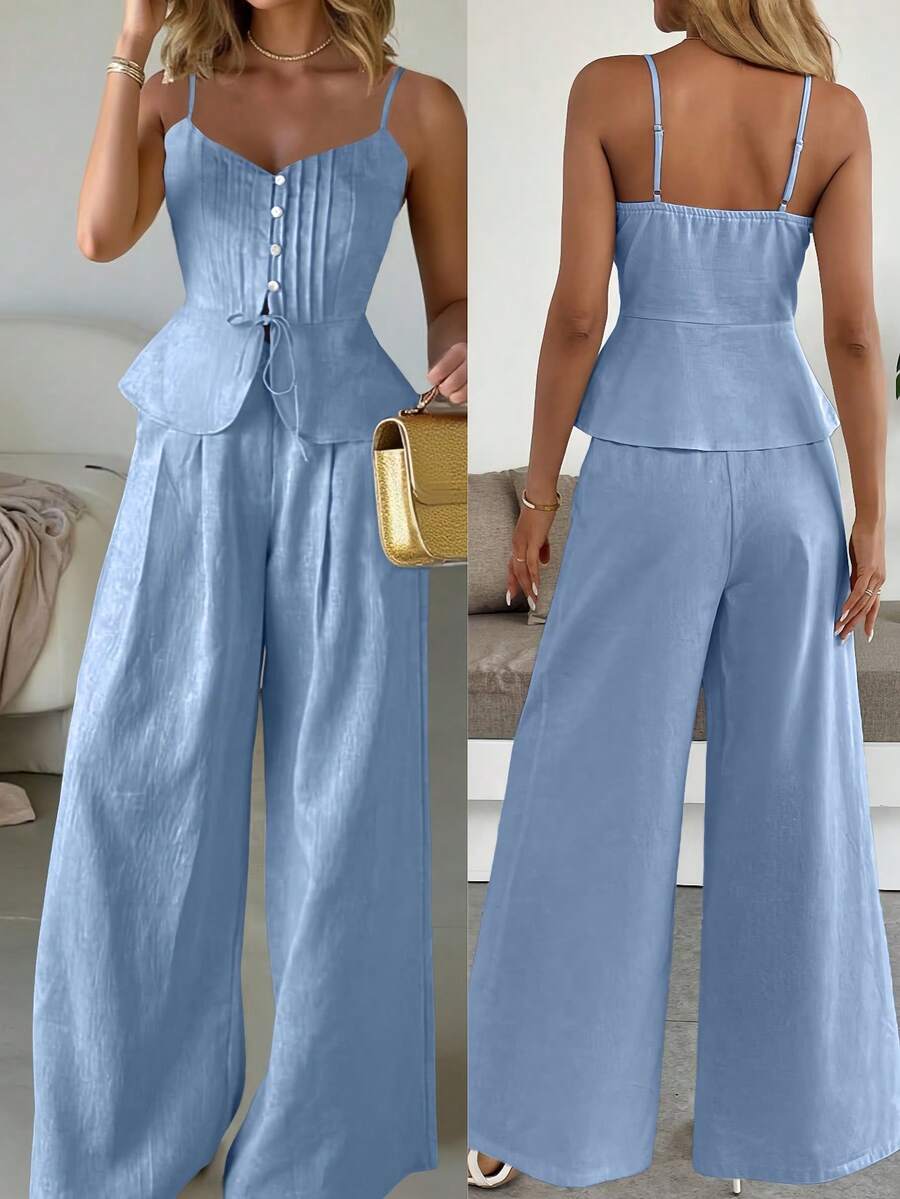 Set de 2 piezas Mono sin mangas de lino blanco y pantalones palazzo - Azul - Ver 1