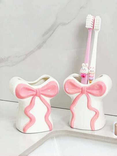 1pc Nordic Style T-Shaped Pink Toothbrush Holder, Makeup Organizer, Bathroom Countertop Decor, Aesthetic Room Decoration, Home Decor, Space-Saving Storage, For Kitchen, Bathroom, Bedroom