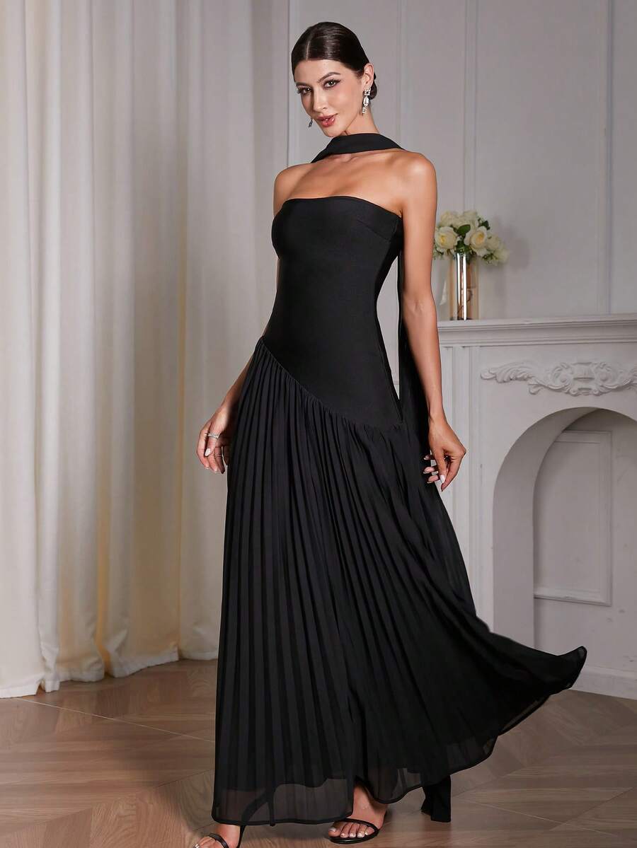 Women's Elegant Solid Knit Splicing Asymmetric Design Maxi Bodycon Bandage Dress, Sexy Backless Ruffle Hem For Party Dress,Women's Pleated Extra-Large Skirt Ball Evening Gown,Graduation Dress, Celebrity Gala Dress,Prom Dress With Scarf,New Year Dress