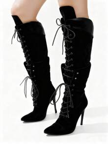 Women's Knee High Boots Pointed Toe Lace Up Stiletto Heel Shoes Motorcycle Dressy Party Luxury Fashion Winter Fall Boots For Women - màu đen - Xem 4