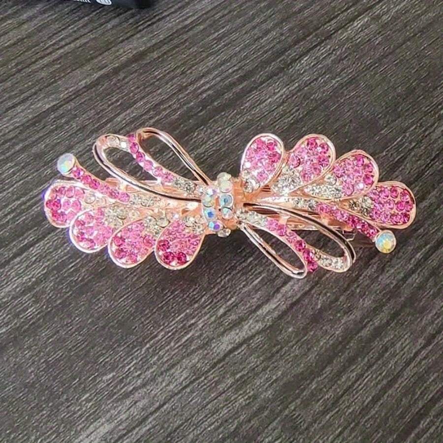 Hairpin, Female Back Head Disc Hair Top Clip Temperament Ponytail Drawing Line Hairpin Versatile Headgear Rhinestone Elegant Horizontal Clip Metal Hairpin Shiny Rhinestone - Màu Hồng Tươi - Xem 1