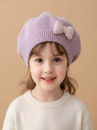 Spädbarnsbaskermössa, stickad mössa med söt rosett, fransk mössa, lämplig för flickor 0-3 år, vinter