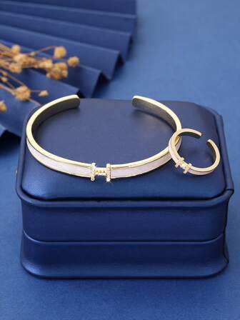 两件套，一枚戒指+一条手链，时尚高端油滴形H型开口手镯和戒指，适合日常通勤