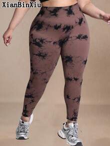 XianBinXiu 1件装加大码扎染瑜伽紧身裤，高弹力修身显瘦高腰运动裤，适合女性运动、健身、休闲和春季穿着。 - 咖啡棕 - 查看 5