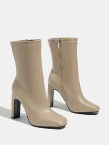 女士经典踝靴，方头粗跟短靴，秋冬短筒靴，皮靴，侧拉链一脚蹬，性感夜店风，舒适踝靴，灰色靴子 - 灰色 - 查看 4