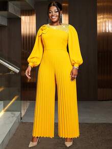 Plus Size Women's Yellow Ruched Jumpsuit, Long Sleeve Round Neck Bishop Sleeve, 3D Pearl Rose Decor Knit Fabric, Party Dress - Yellow - View 7