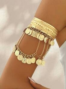 Boho Exaggerated Coin Tassel Wide Arm Cuff - Vintage Jewelry Body Accessory - Gold - View 1