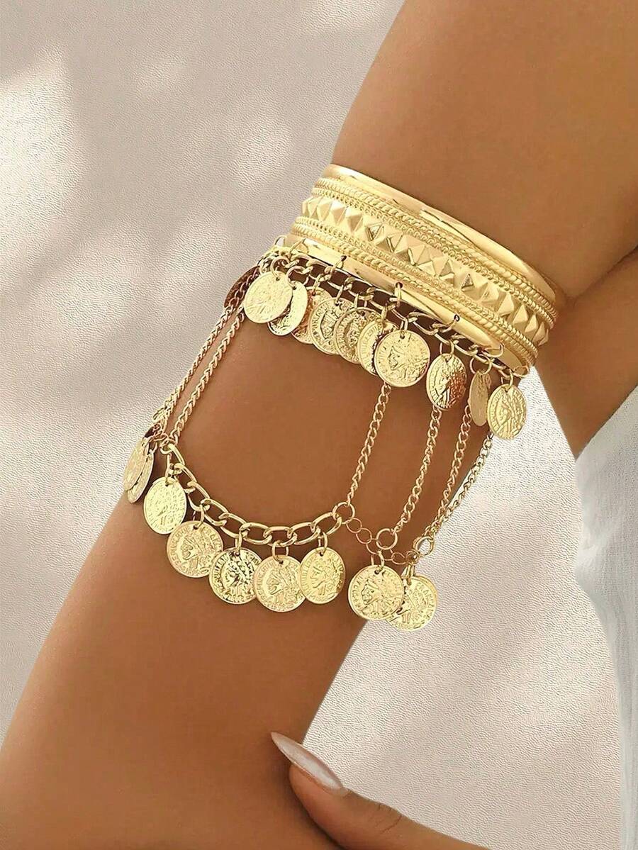 Boho Exaggerated Coin Tassel Wide Arm Cuff - Vintage Jewelry Body Accessory - Gold - View 1
