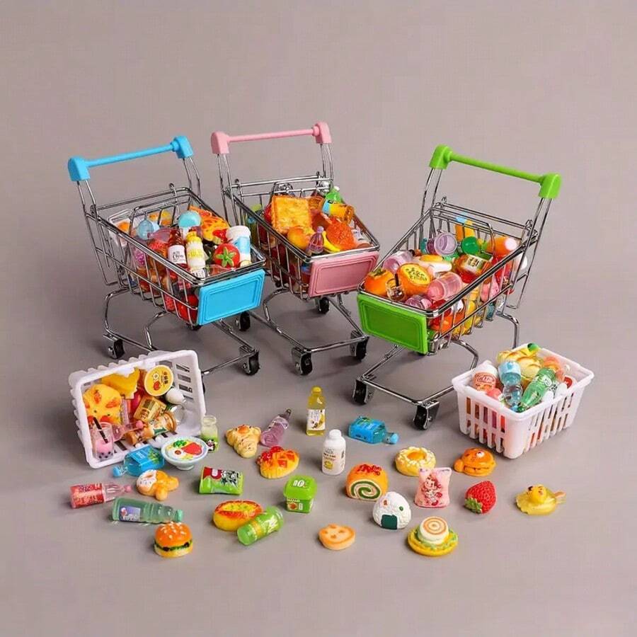 Mini Realistic Doll House Shopping Cart, With Toy Food And Accessories - 4-Wheel Sturdy Frame, Open Shopping Basket And Bottom Storage, Color-Coded (Pink/Green/Blue), Suitable For Role Play, Doll House Decor And Theme Parties - Compatible With Dolls And Figurines - Includes Mini Grocery Food And Toy Food, Sturdy Wheels For Easy Mobility, Compact And Practical Design To Inspire Imaginative Play