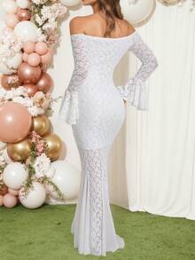 Đầm maxi ren trắng trễ vai dành cho bà bầu, thích hợp cho chụp ảnh hoặc tiệc mừng em bé. - trắng - Xem 5