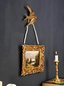 1/3pcs Vintage European Style Gold Floral Pattern Rectangular Decorative Photo Frame Set With Pearl Chain And Golden Swallow Decor, Gold Foil Covered Photo Display Frame, Freestanding Or Wall Mounted, Suitable For Photo Display, Home Decor And Photography Props