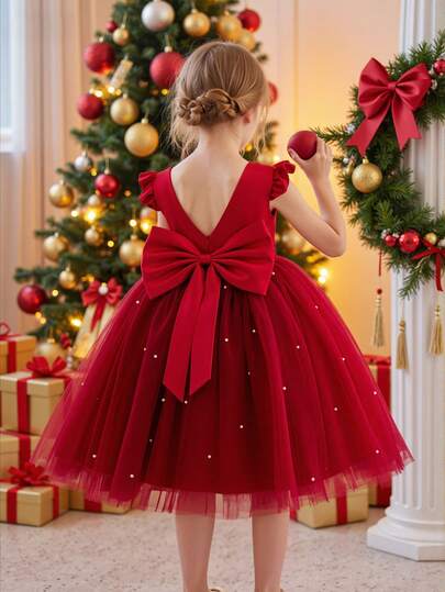 Vestido de fiesta con volantes y ribete de malla burdeos para niña, vestido de estilo princesa elegante adecuado para fiestas de cumpleaños, regalos de Navidad, ocasiones formales, bodas y uso diario casual