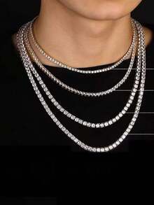 1pc Diamond Tennis Chain Necklace, Unisex Rhinestones Tennis Necklace, Thickened Bottom Edge Anti-Deformation, Suitable For Men And Women, Tennis And Cuban Link Chain, 18-24 Inches, Valentine's Day, Father's Day, Holiday, Party Gift - Tennis Necklace - View 9