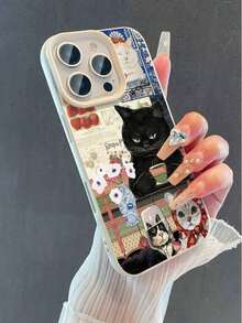 Vintage Cat Drinking Tea Case For IPhone 17 16 15 14 Pro Max, Aesthetic Soft Leather Shockproof Cover [Valentine's Gift] - 樣式1 - 查看 3