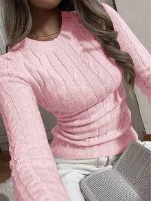 Apperloth A Women's Spring Lightweight Casual Round Neck Long Sleeve Fitted Short Textured Knit Pullover Sweater Pink - Pink - View 3