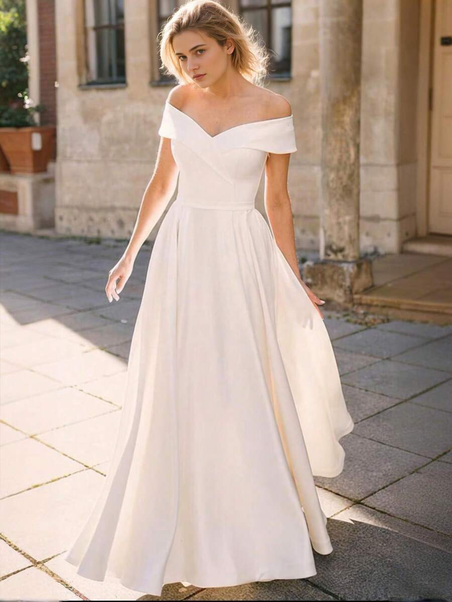 Elegant Off The Shoulder Satin Wedding Gown - Perfect For Christmas, Halloween, Weddings, Proms & Birthdays - trắng - Xem 1