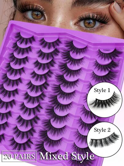 20 Pairs Natural Fluffy Faux Mink Lashes, Mixed 2 Styles, Handmade Soft Curly Cat Eye Lashes, Suitable For Women's Daily And Party Makeup
