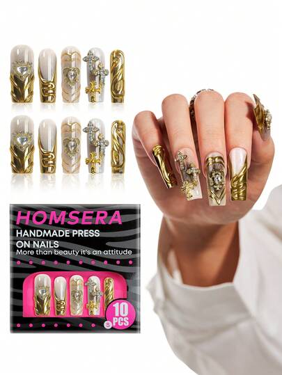 10Pcs French Long Press On Nail Tips, Handmade 3D Luxury Gold Chrome Nail Set Acrylic XXL/XXXL, Y2K Style DIY With Gold Cross And Heart Shape Diamond Jewelry Decoration Design, Suitable For Girls And Women's Daily Wear And Holiday Party Decoration Gifts