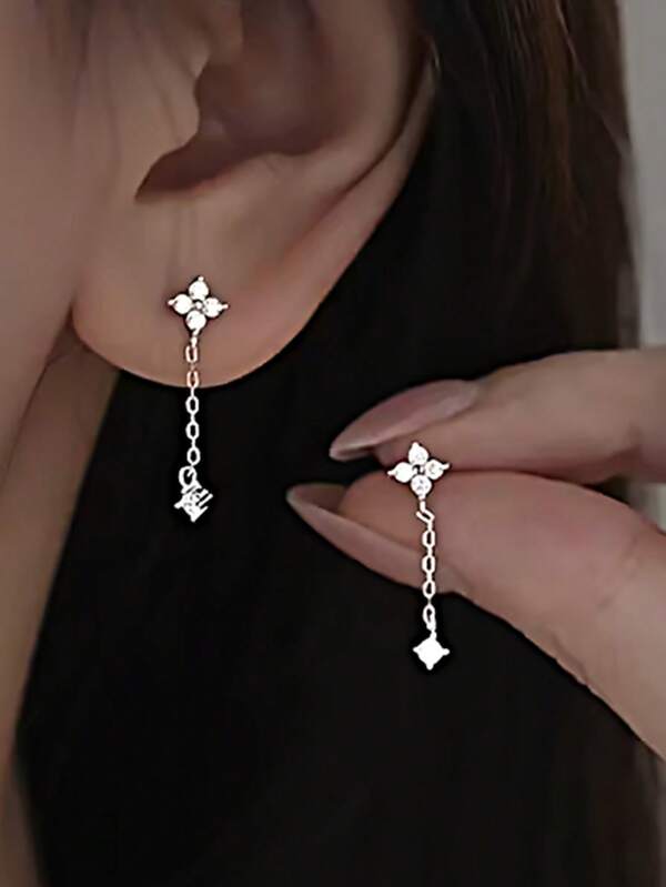 1 par de pendientes de plata de ley S925 con borla de flor de cuatro hojas delicada, pendientes colgantes largos, regalo