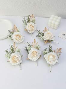1pc/6pcs White Princess Rose Breath Romantic Floral Brooch, Suitable For Bride, Groom, Wedding Decoration, Banquet, Party Valentine's Day Accessories - White - View 1