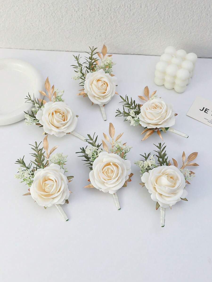 1pc/6pcs White Princess Rose Breath Romantic Floral Brooch, Suitable For Bride, Groom, Wedding Decoration, Banquet, Party Valentine's Day Accessories - White - View 1