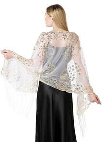 Plus Size Luxury Gold Shawl With Floral Print And Tassel, Polyester, Suitable For Banquet, Date, Evening Party, All Seasons