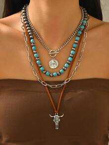 4pcs/Set Vintage Western Cowboy Style Multi-Layer Chain Necklace With Round Ox Head Pendant, Fashion Choker Necklace For Women, Suitable For Daily Wear, Music Festivals, Vacations, And Parties