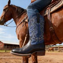 男士西部牛仔靴，厚底刺绣高帮邦德皮马靴，2025新款V领袖骑士靴，复古中筒方头 - 黑色 - 查看 2