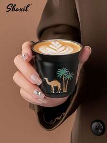shoxil 1个800毫升黑色咖啡壶，骆驼椰树图案保温壶，保温茶壶，水壶，中东风格茶壶，80毫升茶杯，咖啡杯，水杯，双层保温杯，适用于家庭、咖啡店、斋月 - 黑色 - 查看 9