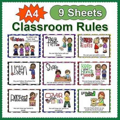Lachilly 9pcs Classroom Rules Poster Charts - 8.26 X 11.2 Inches, Educational Poster Charts, Classroom Expectations Motivational Posters, Suitable For Elementary School, Kindergarten Teacher Supplies, Banners, Porch Signs, Bulletin Board Wall Decor, Teaching Aids