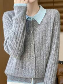 Women Cardigans - Gray Blue Collar - View 2