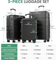 3-Piece Luggage Sets, Hardside Carry-On Luggages, Expandable Hard Shell Lightweight Rolling Suitcase With Double Spinner Wheels & TSA Lock, Black - 黑色 - 查看 3