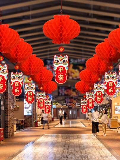 10pcs Chinese New Year Red Paper Lanterns, 2025 Festive Hanging Decorations, Honeycomb Lanterns For Celebration Atmosphere, No Electricity Required, Paper Material