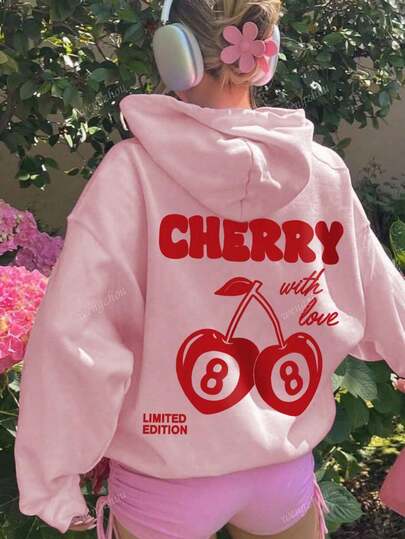 Sudadera con capucha de manga larga con cordón y estampado de cerezas minimalista para mujer LOVE JOYY, uso casual de otoño/invierno