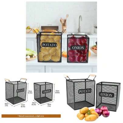 Set Of 2 Potato And Onion Storage Bin, Metal Mesh Onion And Potato Baskets With Wooden Handle, Potato Bin Onion Holder, Kitchen Pantry Organizers And Storage Onion Potato Fruit Vegetable